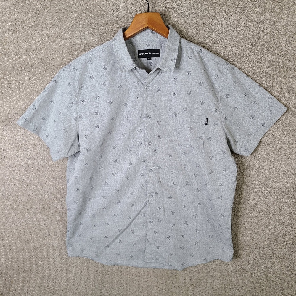 Molokai Surf Co Shirt Mens XL Gray‎ Skull Crossbones Short Sleeve Button Up